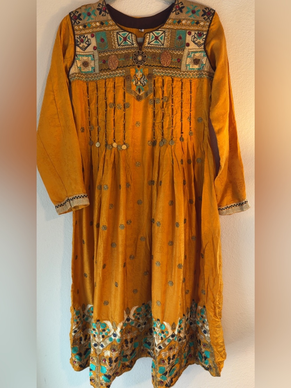 Woman’s Embroidered Mustard Long-Sleeve Dress